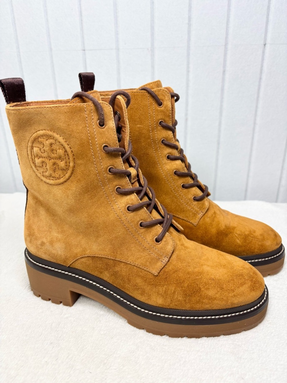 Tory Burch MILLER BROWN SUEDE LOGO COMBAT BOOTS US 7.5